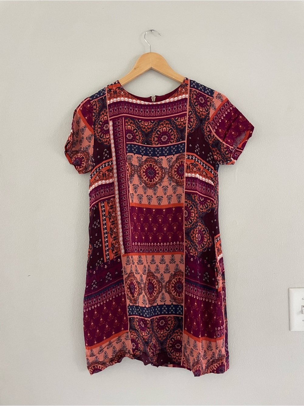 Vici Burgundy and Coral Patchwork Pattern Mini Dress